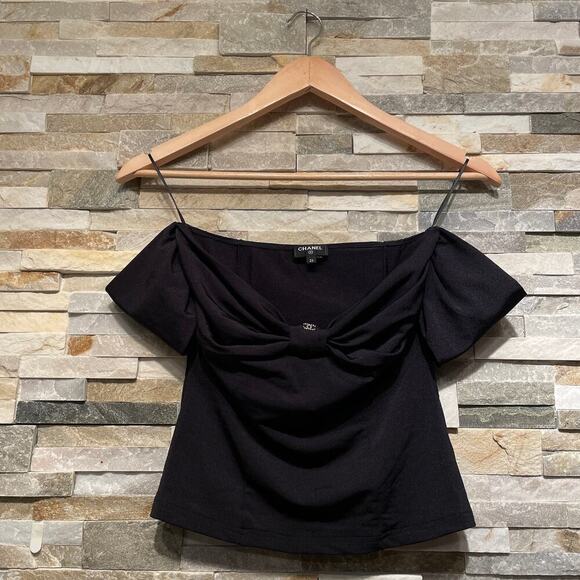 Chanel 23S Black Jersey Off-Shoulder Bow Top | Rare Crystal CC Logo FR 36 - Picture 4 of 12